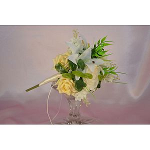 Champagne & Ivory cabbage rose adult bridesmaids artificial bouquet with White tiger lilies & greenery