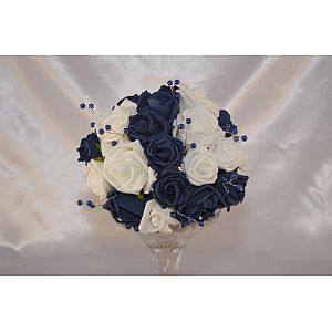 Adult bridesmaid Navy Blue & White rose artificial bouquet with Blue pearl sprays