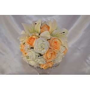 Adult bridesmaid Ivory & Mango rose artificial wedding bouquet with Ivory tiger lilies & Ivory baby's breath