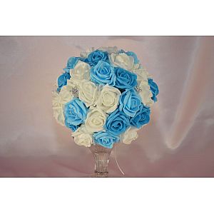 Artificial Mid Blue, Light Blue & Ivory rose brides bouquet