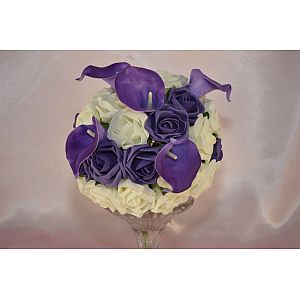 Artificial Purple & Ivory rose brides bouquet with Purple Calla Lilies