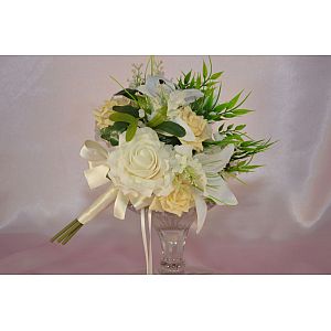 Champagne & Ivory cabbage rose brides artificial bouquet with White tiger lilies, mistletoe & greenery
