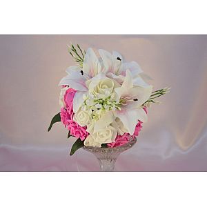 Fuchsia & Ivory rose brides artificial bouquet with tiger lilies, phlox & greenery