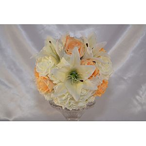 Bride's artificial Ivory & Mango rose bouquet with Ivory tiger lilies & Ivory baby's breath