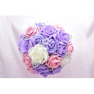 White, lilac and dusky pink brides artificial bouquet with heart diamante