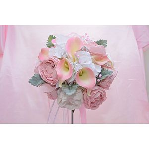 Pink and White brides artificial bouquet with Pink and White peony, White hydrangea, Pink calla with pink pearls & diamante hearts