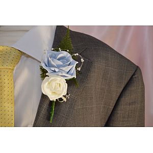 Ivory & French Blue artificial rose double buttonhole with pearls