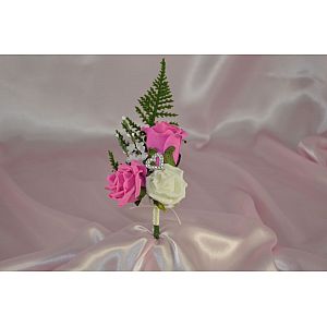 Fuchsia & Ivory triple artificial rose buttonhole with fern and heart diamante
