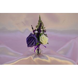 Double buttonhole with deep Purple & Ivory  artificial roses with veronica, heather, fern & oval pendent