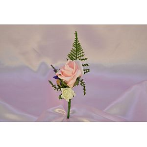 Artificial Antique Pink & Lemon rose double buttonhole with heather & fern