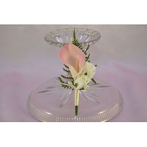 Pink and white calla lily and ivory rose artificial rose triple buttonhole with fern