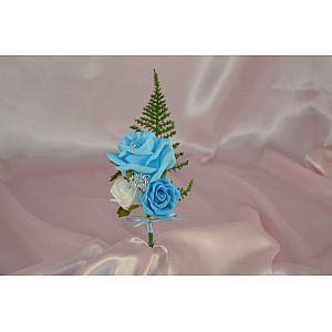 Mid Blue, Light Blue & Ivory artificial rose triple buttonhole with fern & bow diamante