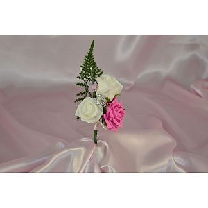 Fuchsia & Ivory triple artificial rose buttonhole with fern, heather & a heart diamante