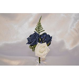 Artificial Blue & White triple buttonhole with heather, fern & pearl