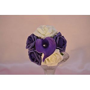 Purple & Ivory rose child's artificial bouquet with Purple calla lilies
