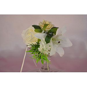 Champagne & Ivory cabbage rose artificial child's bouquet with white tiger lilies, mistletoe & greenery