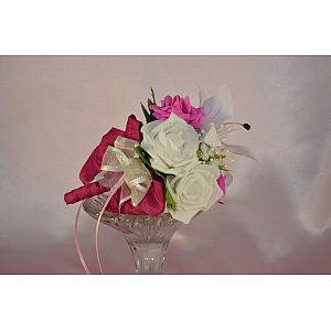 Fuchsia & Ivory rose child's artificial bouquet with white & Pink tiger lilies, gypsophilia & pearl loops