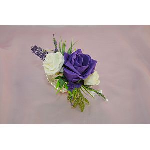 Ivory & Purple wrist corsage with heather, veronica & greenery