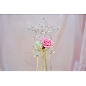 Child's wand with Ivory and pink artificial roses and pink baby's breath