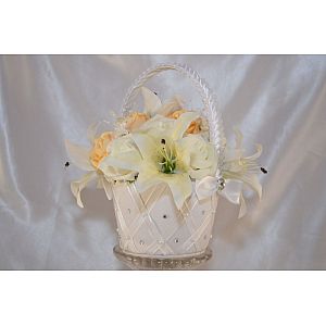Ivory & Mango roses, with Ivory tiger lilies & Ivory baby's breath in an Ivory satin basket