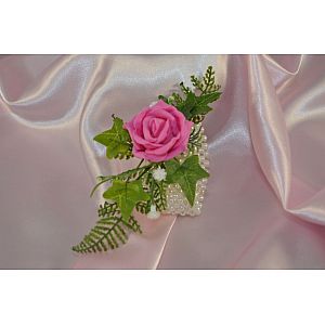 Pink rose wrist corsage with gypsophila, Ivy & Fern