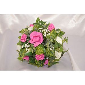Small round Fuchsia & Ivory rose table decor with gypsophila, greenary & heart diamante