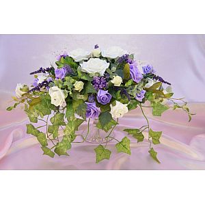 Top table lilac, Ivory & Lemon rose with veronica, heather, greenery & Lavander baby's breath