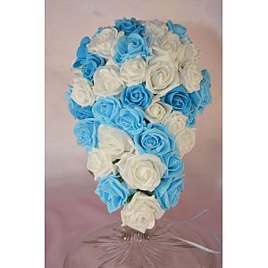 Brides artificial Mid Blue, Light Blue & Ivory rose brides teardrop wedding bouquet with diamante