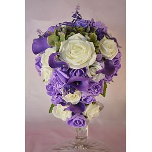 Brides artificial Lilac, Purple & Ivory rose teardrop wedding bouquet with Green hydrangea & diamante
