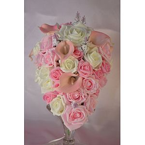 Brides artificial Pink & Ivory rose brides teardrop wedding bouquet with Pink calla lilies & heather