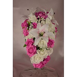 Brides artificial Fuchsia & Ivory rose teardrop wedding bouquet White & Pink tiger lilies, gypsophilia & pearl