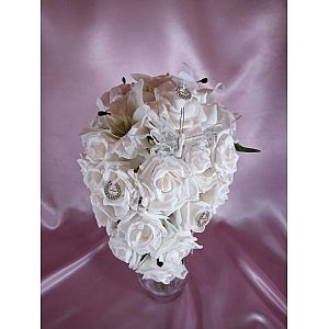 Brides artificial White rose with White tiger lillies wedding teardrop bouquet with White hydrangeas & horse shoe diamante & butterfly.