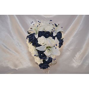 Brides artificial Navy Blue teardrop wedding bouquet with White tiger lilies & Blue pearl sprays