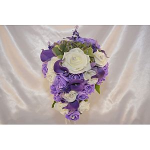 Artificial Lilac & ivory rose brides teardrop bouquet with Purple calla lilies, hydrangea & Micky Mouse diamante