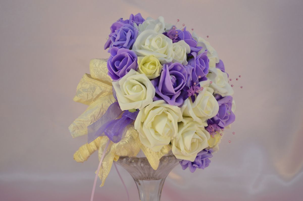 Artificial Ivory Lilac Lemon Rose Brides Bouquet With Lilac Baby S Breath Bouquets By Design